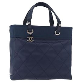 CHANEL Paris Biarritz MM Tote Bag Coated Canvas Navy Silver CC