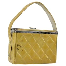 CHANEL Vanity Hand Bag Patent Leather Yellow Silver CC