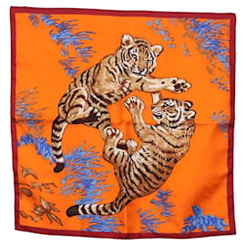 HERMES Carre 45 Scarf  Les Tigreaux  Silk Orange - Hermès