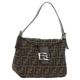 FENDI Zucca Canvas Mamma Baguette Shoulder Bag Black Brown