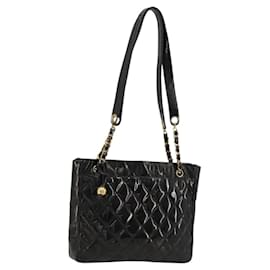 CHANEL Matelasse Chain Tote Bag Patent Leather Black Gold CC