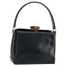 GUCCI Bamboo Hand Bag Leather Navy Gold