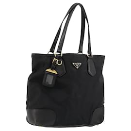 PRADA Tote Bag Nylon Leder Schwarz Gold