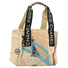 CHANEL Cruise Line Hand Bag Canvas Beige Silver CC