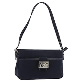 FENDI Mamma Baguette Shoulder Bag Canvas Navy Silver