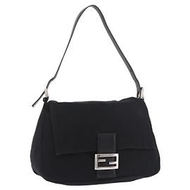 FENDI Mamma Baguette GM Shoulder Bag Cotton Jersey Black Silver