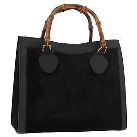 GUCCI Bamboo Hand Bag Suede Leather Black Gold 002 1196 0260