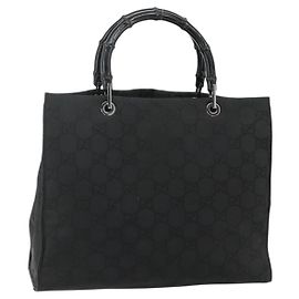 GUCCI Bolso de mano de lona GG y bambú Nylon Negro Plata 002 1010