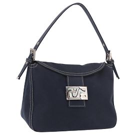 FENDI Mamma Baguette Shoulder Bag Canvas Navy Silver