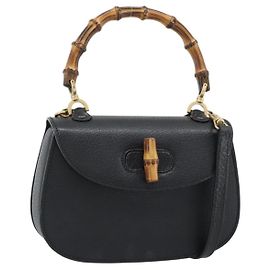GUCCI Bamboo Shoulder Bag Leather 2way Black Gold 000 1014 0188