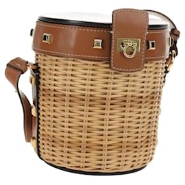 Salvatore Ferragamo Gancini Straw Bag Raffia Beige Gold