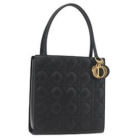 Christian Dior Lady Dior Hand Bag Lamb Skin Black Gold