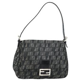 FENDI Zucchino Canvas Mamma Baguette Shoulder Bag Gray Silver