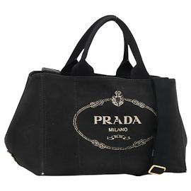PRADA Canapa MM Hand Bag Canvas 2way Black Gold
