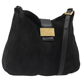 FENDI Mamma Baguette Shoulder Bag Suede Black Gold