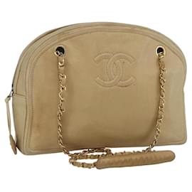 CHANEL Chain Shoulder Bag Lamb Skin Beige Gold CC