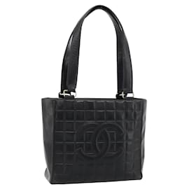 CHANEL Choco Bar Hand Bag Leather Black Gold CC
