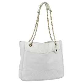 CHANEL Chain Shoulder Bag Leather White Gold CC