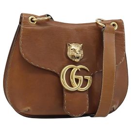 GUCCI Shoulder Bag Leather Brown Gold 409154