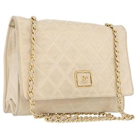 CHANEL Matelasse Chain Shoulder Bag Lamb Skin Beige Gold CC