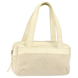 CHANEL Tote Bag Canvas Leather White Silver CC