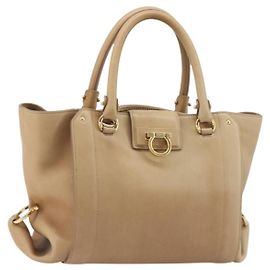 Salvatore Ferragamo Gancini Hand Bag Leather Beige Gold