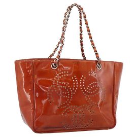 CHANEL Triple Coco Chain Tote Bag Patent leather Orange Silver CC