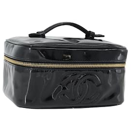 CHANEL COCO Mark Vanity Hand Bag Patent Leather Black Gold CC - Chanel
