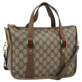GUCCI GG Supreme Web Sherry Line Bag PVC 2way Beige Gold 41 02 039