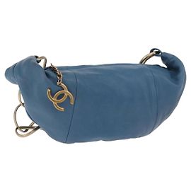 CHANEL Chain Shoulder Bag Lamb Skin Blue Gold CC