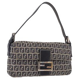 FENDI Zucchino Canvas Mamma Baguette Shoulder Bag Navy Silver