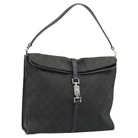 GUCCI GG Canvas Jackie Shoulder Bag Black Silver 001 3355