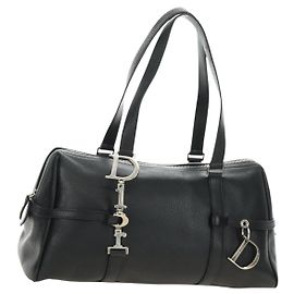 Christian Dior Boston Bag Leather Black Silver