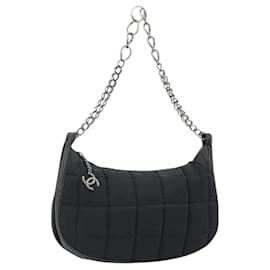 CHANEL Choco Bar Chain Shoulder Bag Nylon Black Silver CC