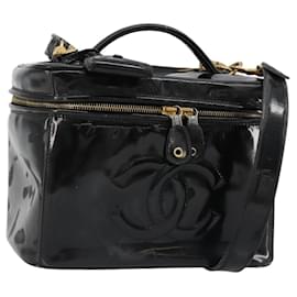 CHANEL Vanity Hand Bag Patent leather 2way Black Gold CC