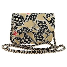 CHANEL Chain Shoulder Pouch Mini Matelasse Satin Beige Gold CC