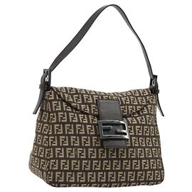 FENDI Zucchino Canvas Mamma Baguette Shoulder Bag Silver Brown
