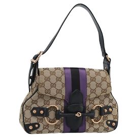 GUCCI GG Canvas Horsebit Shoulder Bag Beige 129699