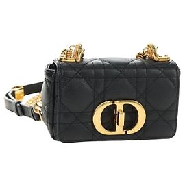Christian Dior Cannage Caro Chain Pouch Lamb Skin Black Gold