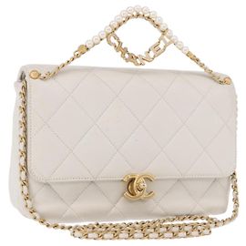 CHANEL Matelasse Chain Shoulder Bag Lamb Skin 2way White Gold CC
