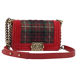 CHANEL Boy Chanel Chain Shoulder Bag Velor Red Gold CC