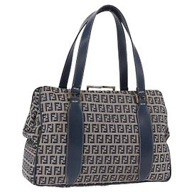 FENDI Zucchino Canvas Hand Bag Navy Silver