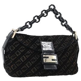 FENDI Zucchino Canvas Chain Mamma Baguette Bag Velor Black Gold