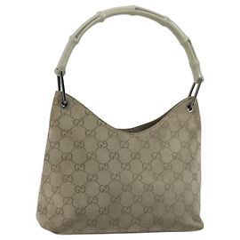 GUCCI GG Canvas Bamboo Shoulder Bag Suede Gray Silver 001 2058 3008