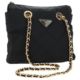 PRADA Chain Tote Bag Nylon Black Gold