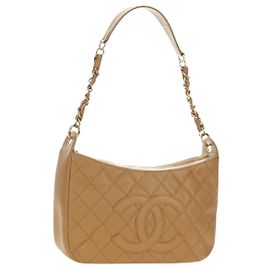 CHANEL Matelassé Schultertasche mit Kette Kaviarleder Beige Gold CC