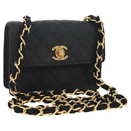 CHANEL Matelasse Chain Shoulder Pouch Canvas Black Gold CC
