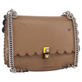 FENDI Chain Canai Shoulder Bag Leather Beige Silver