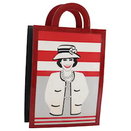 CHANEL Mademoiselle Choco Bar line Tote Bag Leather Red CC