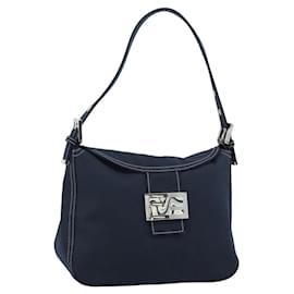 FENDI Mamma Baguette Shoulder Bag Canvas Navy Silver